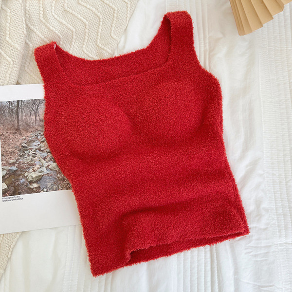 Fluffy Pyjamas Set Crop Tank Top Loungewear-Red M