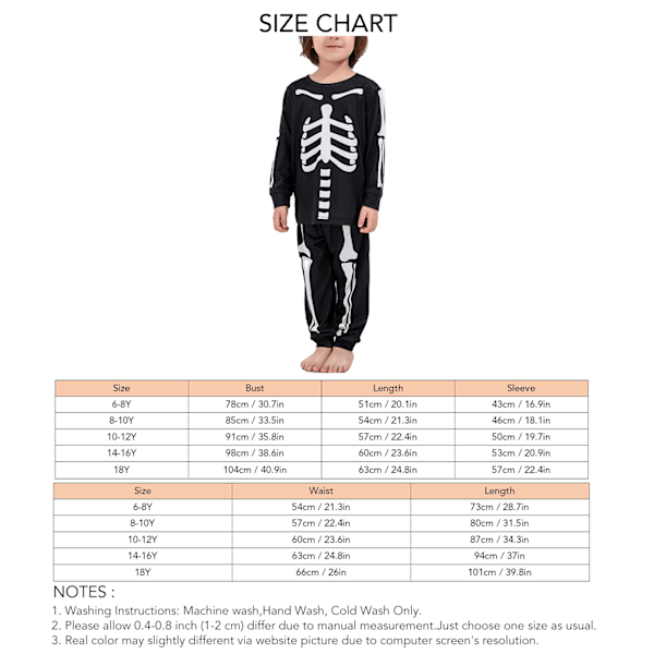 Halloween Pyjamas Set Skalle Skelett Grafiskt Tryck Polyesterfiber Svart Långärmad Pyjamas Set Svart BARN:18Å