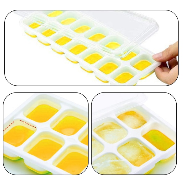 Isbitsform med Lock och Behållare, 4-pack Silikon Plast Isbitsformar för Frysen med Isbox, Stapelbar Isbitsform med Förvaringskit för Is Yellow