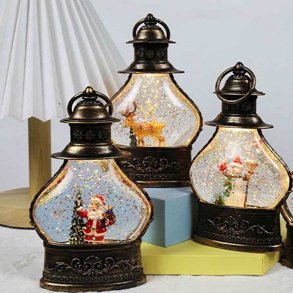 Jul Snöglobslykta, Cylinder Glitter Snöglob, Brons Jul Snöglober, Lykta med Julgran Snögubbe Dekor Style 1