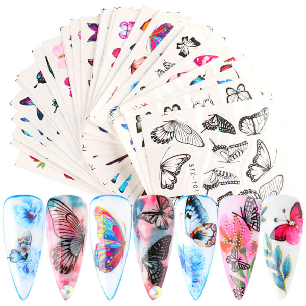 Nail Art Stickers Slider Fjäril Transfer Vatten Set Färgglada Blommor Manikyr Dekaler Nail Art Dekor