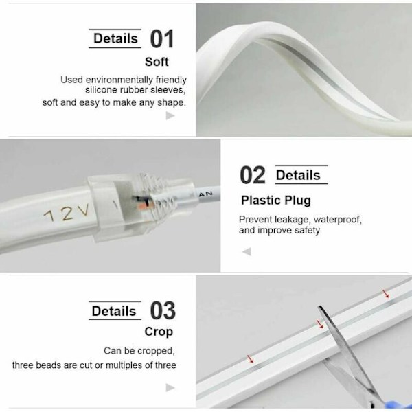 Flexibla neonljusremsor, vattentät neon LED-remsa, perfekt för utomhus- och inomhusdekor, 12V ljusremsa (utan tillbehör) - Vit