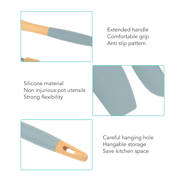Diskmaskinssäkra köksredskap, robusta och flexibla ergonomiska komfortgrepp, slitstarkt material med hängande håldesign i bokträ för enkel