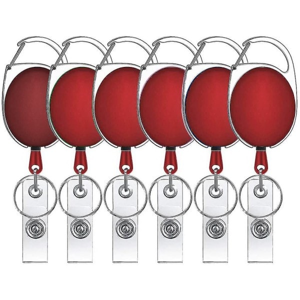 6-pack utdragbar nyckelring, infällbar märkeshållare nyckelrulle, nyckelbricka förlängbar för ID-korthållare, korthållare, nyckelkort red