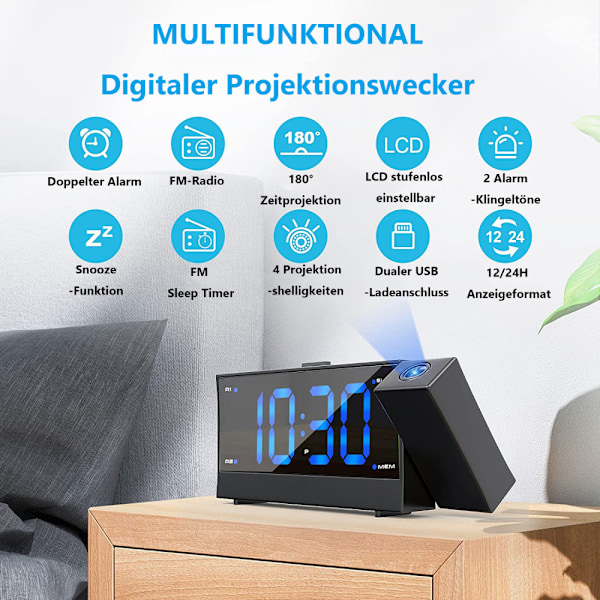 Digital Väckarklocka för Sovrum, Takprojektionsväckarklocka med 180° Rotation, Dubbel Väckarklocka för Tunga Sovare, Batteribackup, USB-Telefon