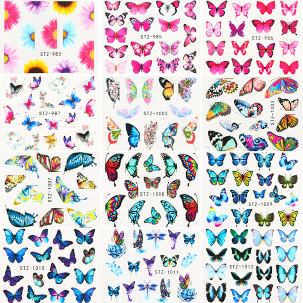Nail Art Stickers Slider Fjäril Transfer Vatten Set Färgglada Blommor Manikyr Dekaler Nail Art Dekor