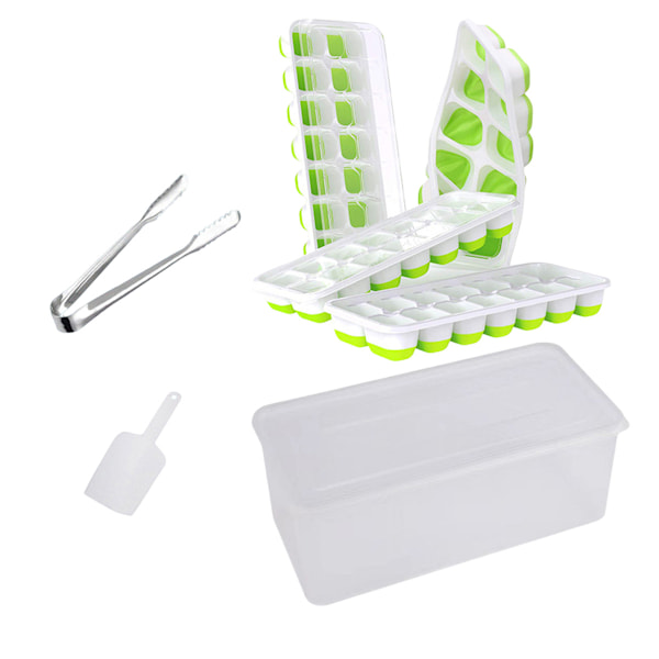 Isbitsform med Lock och Behållare, 4-pack Silikon Plast Isbitsformar för Frysen med Isbox, Stapelbar Isbitsform med Förvaringskit för Is Green