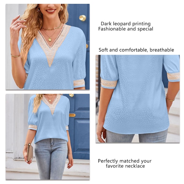 Dam V-ringad T-shirt Halvärm Spets Sömnad Mörkt Leopardtryck Lös Passform Sommar Satin Blus Himmelsblå M