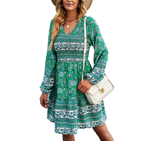 Klänning med V-ringning, lång puffärm, dammode, elegant stretch, rynkad klänning med blommönster för strandfest, grön S