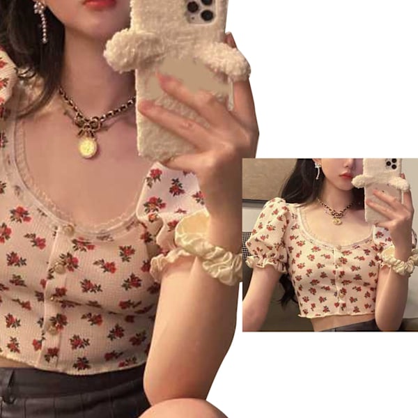 Kort Puffärm Topp Blommig Spetskant Krage Slim Fit Retro Trendig Dam T-shirt för Sommar Röd M