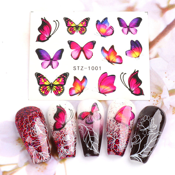 Nail Art Stickers Slider Fjäril Transfer Vatten Set Färgglada Blommor Manikyr Dekaler Nail Art Dekor