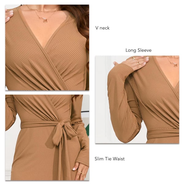 Dam Midje Slimmande Fishtail Klänning Slim Knyt Midja Enfärgad Casual Stickad V-ringad Långärmad Bodycon Fishtail Lång Klänning Khaki M