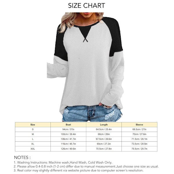Färgblockerad Långärmad T-shirt för Kvinnor med Rund Hals Elegant Dam T-shirt Färgblock Vit M