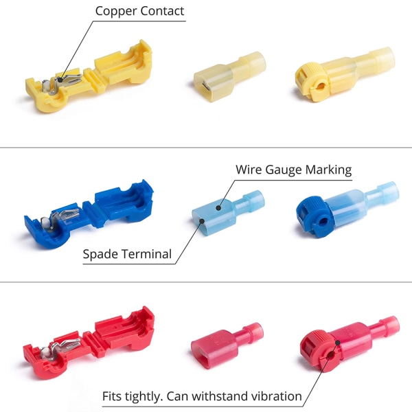 T-Tap Quick Splice Connector Kit, T-Tap Wire Connectors Självavlägsnande med isolerade hane Quick Disconnect Terminals + Quick Splice Electrical