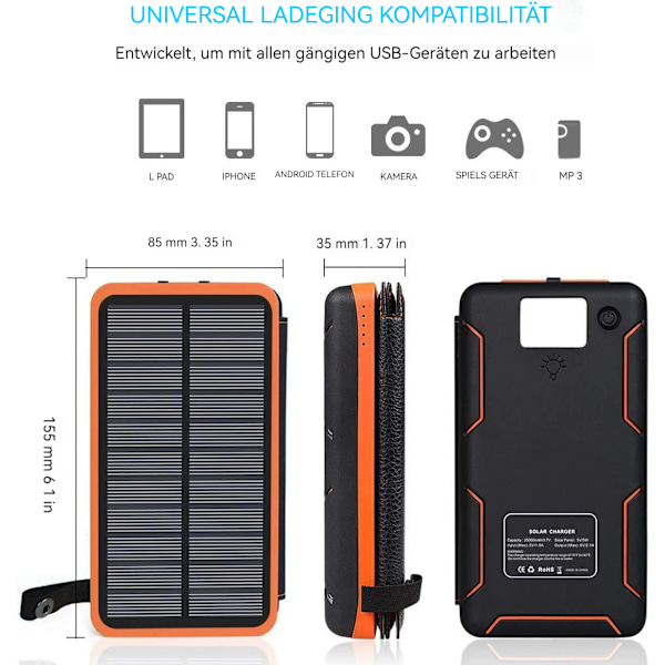 Bärbar Solcellsladdare, Snabbladdande Powerbank med 4 Vikbara Paneler, Vattentät Utomhusladdare med USB-C PD för Vandring, Camping &amp;