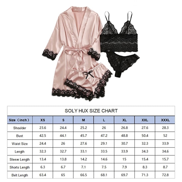 4 st Kvinnor Spets Satin Pyjamas Set Silkeslen Sommardräkt Mjukt Andningsbart Is-silke Tyg V-ringad Nedvikt Krage Rosa XL