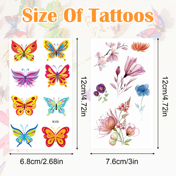 Tillfälliga fjärils- och blomtatueringar, 107 stilar Färgglada små fjärilar Blommor tatueringsklistermärken, ansiktskropp Vattentäta falska tatueringar för tjejer kvinna