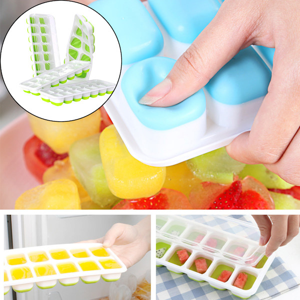 Isbitsform med Lock och Behållare, 4-pack Silikon Plast Isbitsformar för Frysen med Isbox, Stapelbar Isbitsform med Förvaringskit för Is Green