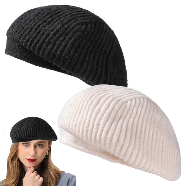 2 st Baskermössa i fransk stil för kvinnor Vinter Höst Stickade Konstnärsmössor Klassisk Enfärgad Mössa Varma hattar för kvinnor