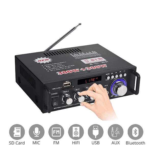 Kompakt HiFi Stereo Förstärkare, Bas & Diskantkontroll för Personligt Ljud & FM-funktion för Varierande Lyssning