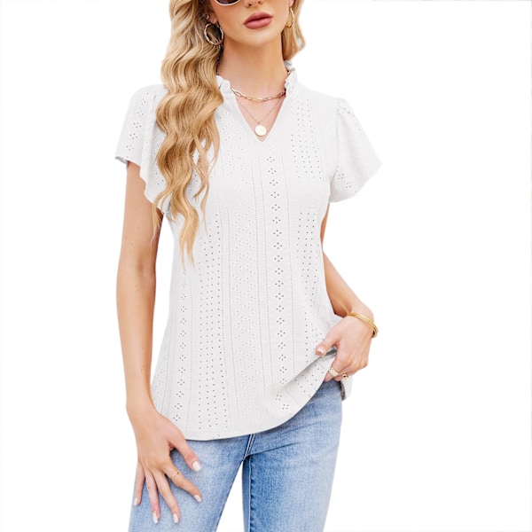 Enfärgad Volang V-ringad Topp Blus Dam Lös Casual Volang Kortärmad Virkad T-shirt för Kontor Vit XL