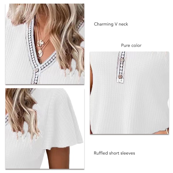 Dam Ruffle Kort Ärm Spets V-ringning Söt Knapp Enfärgad Trendig Casual Blus för Fest Shopping Kontor Vit L
