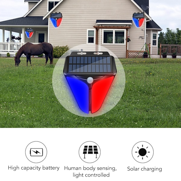 Utomhusbelysning för säkerhet, solcellsdrivna rörelsesensorlampor med 129dB alarm, trådlösa vattentäta applikationer för flera scenarier för gård hem ranch