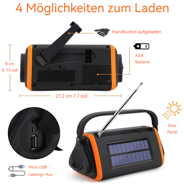 Bärbar Nödvärdesradio, Sol- och Handvevsdriven, Uppladdningsbart Batteri med SOS-Signal & Ficklampa för Oförutsedda Händelser