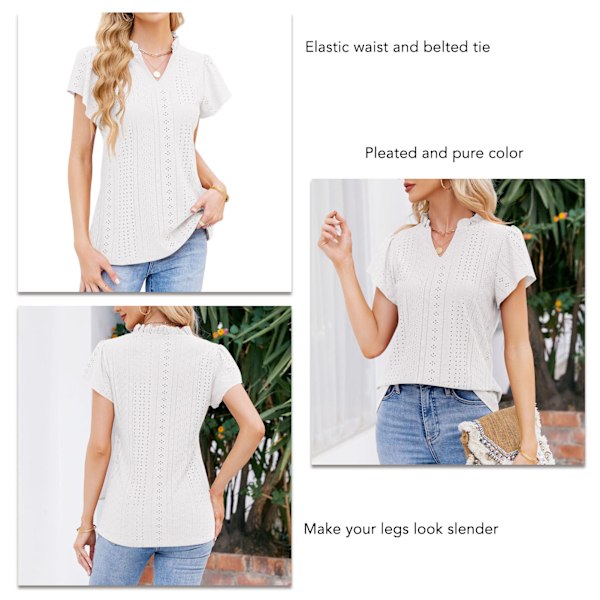Enfärgad volang V-ringad topp blus dam lös ledig volang kortärmad virkad t-shirt för kontor vit XXL