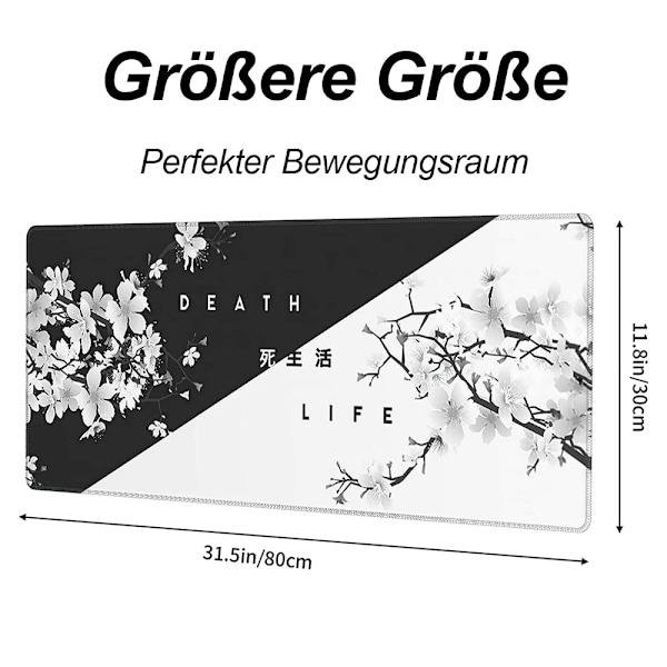 Ultra Smooth Gaming Musmatta, 80X30 Cm Svart Vit Körsbärsblom för Precisionskontroll, Stabil Halkfri Bas för Stabila Spelsessioner