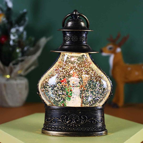 Jul Snöglobslykta, Cylinder Glitter Snöglob, Brons Jul Snöglober, Lykta med Julgran Snögubbe Dekor Style 2