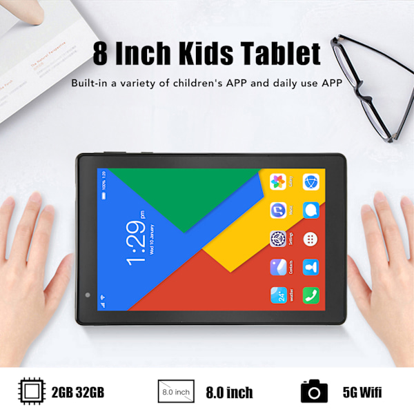 8 tums barnplatta 2G RAM 32G ROM 5G WIFI Dual Band Samtalsplatta PC för Android 10 EU-kontakt 100‑240V Svart EU-kontakt