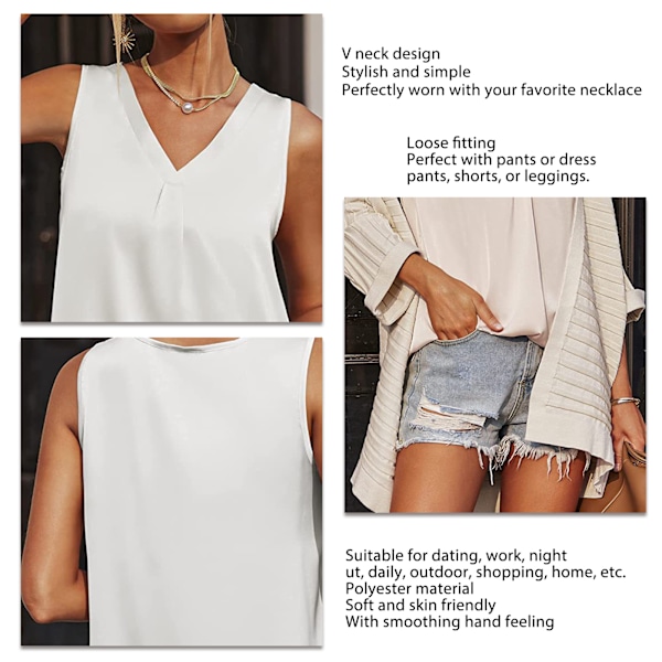 Dam Satin Tank Top V-ringad Lös Passform Enfärgad Sommar Ärmlös Väst för Vardagsbruk Vit XL