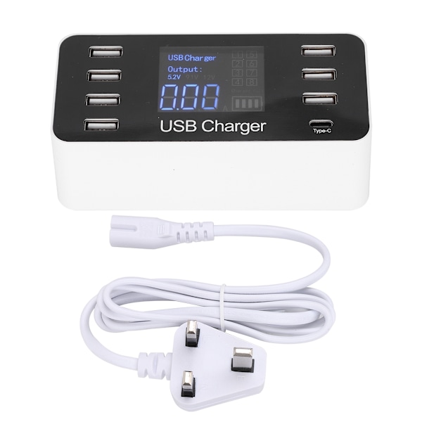 A9 8-portars snabbladdande USB-laddarhub Typ-C med LED-display Strömadapter UK 100-240V