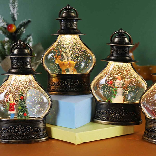 Jul Snöglobslykta, Cylinder Glitter Snöglob, Brons Jul Snöglober, Lykta med Julgran Snögubbe Dekor Style 4