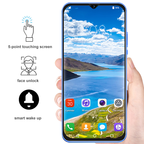 Nowa6pro Ansiktsigenkänning Fingeravtrycksupplåsning 6,5 tums Skärm 1440x3040 Dubbla Kort Dubbel Standby Smartphone 6+128G Blå 100‑240V