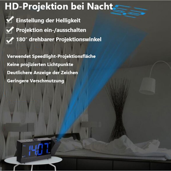 Digital Väckarklocka för Sovrum, Takprojektionsväckarklocka med 180° Rotation, Dubbel Väckarklocka för Tunga Sovare, Batteribackup, USB-Telefon