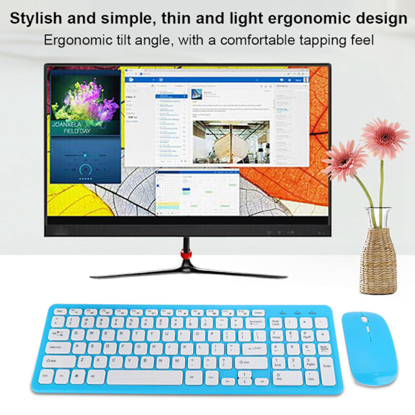 Kompakt trådlöst tangentbord och mus-set i full storlek, 2.4G ergonomisk design för ökad skrivkomfort och tysta klick (Blå)