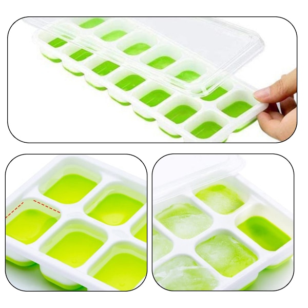 Isbitsform med Lock och Behållare, 4-pack Silikon Plast Isbitsformar för Frysen med Isbox, Stapelbar Isbitsform med Förvaringskit för Is Green