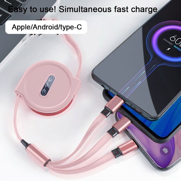 3-i-1 Teleskopisk Laddningskabel för Apple Android Rosa