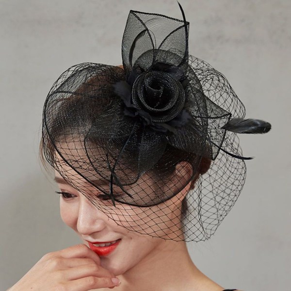 Svart dam slöja hatt bröllop brud fågelbur fascinator fjäder hår accessoar