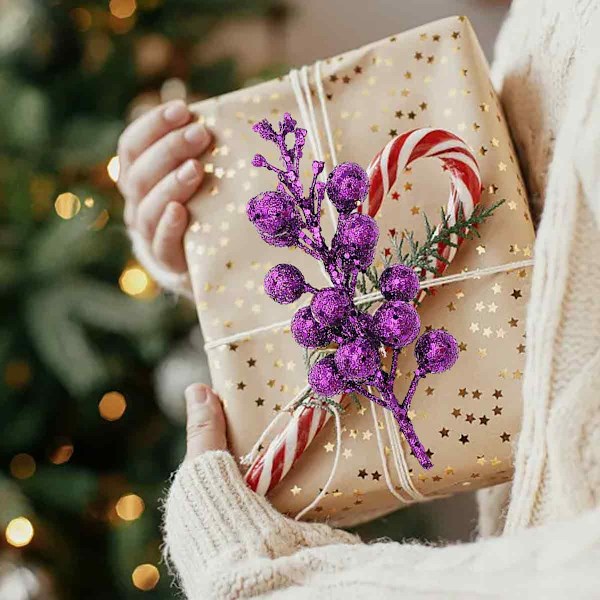 Julglitterbärstjälkar, 20 cm konstgjorda juldekorationer för julgransprydnader, DIY julkrans, hantverk, helg- och heminredning Purple