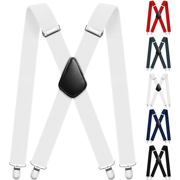 Tunga Y-formade hängslen för män, justerbara med 3 starka metallklämmor White - Four Clips