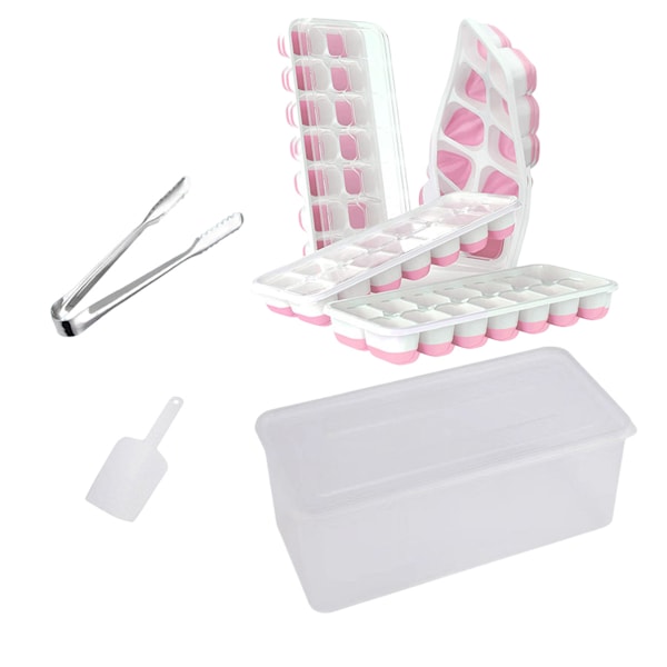 Isbitsform med Lock och Behållare, 4-pack Silikon Plast Isbitsformar för Frysen med Isbox, Stapelbar Isbitsform med Förvaringskit för Is Red