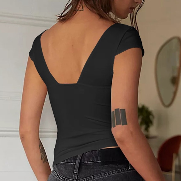 Dam V-ringad Slim T-shirt Enfärgad Mångsidig Andningsbar Kortärmad Dam Sommartopp för Vardag Svart S