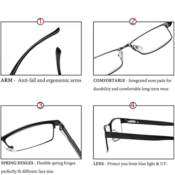 3-pack herr metall läsglasögon rektangulära läsglasögon 1,5 2,0 2,5 3,0 3,5 4,0