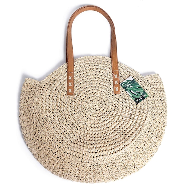 Rund vävd väska i beige halm - stor sommarstrandväska för kvinnor Resa boho halmväska
