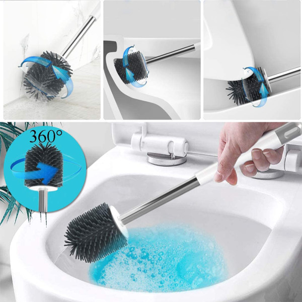 Toalettborste med dräneringshållare set, flex silikon anti-täppa anti-droppborsthuvud, färg med handtag i rostfritt stål, 1-pack