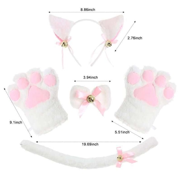 Katt Cosplay Set Vit, Kattöron Pannband Kattunge Svans Öron Krage Tassar Handskar, Katt Cosplay Kostym Söt Kostym Fest Dekoration Set för Barn