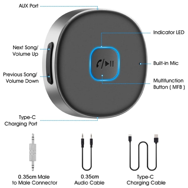 Bärbar 3,5 mm Aux Bluetooth biladapter, Bluetooth 5.0 trådlös ljudmottagare för bilstereo/hemstereo/kabel